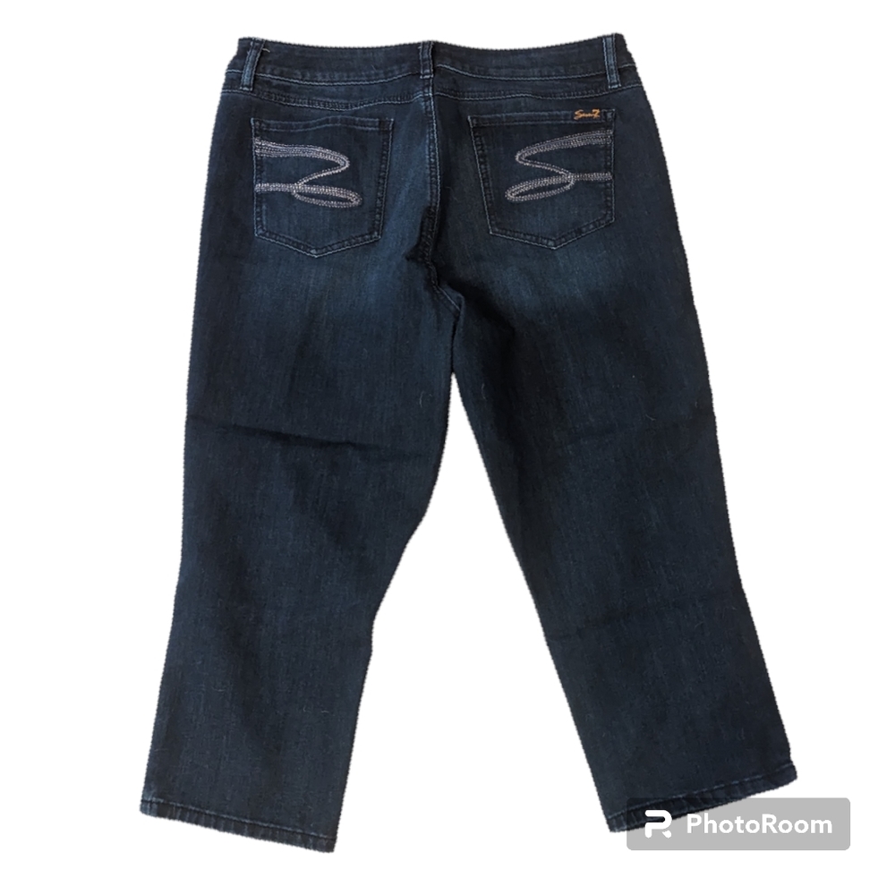 Seven7 Skinny Whiskered Dark Blue Washed Denim Cropped Capri Jeans Women's 16